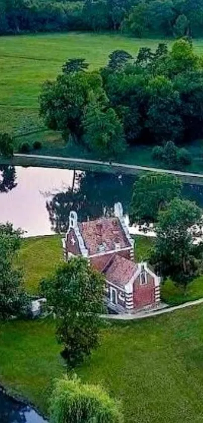 Serene cottage by the river with lush green surroundings.