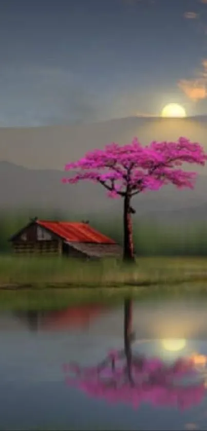 Tranquil dawn lakeside scene with reflective water and pink sky.