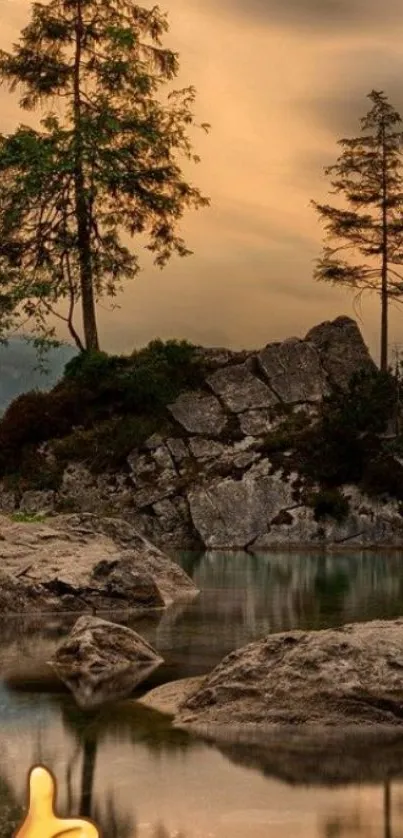 Tranquil lakeside with trees and rocks