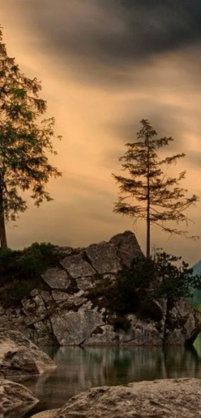 Peaceful lakeside scene with rocks, trees, and a dramatic sky reflecting on water.