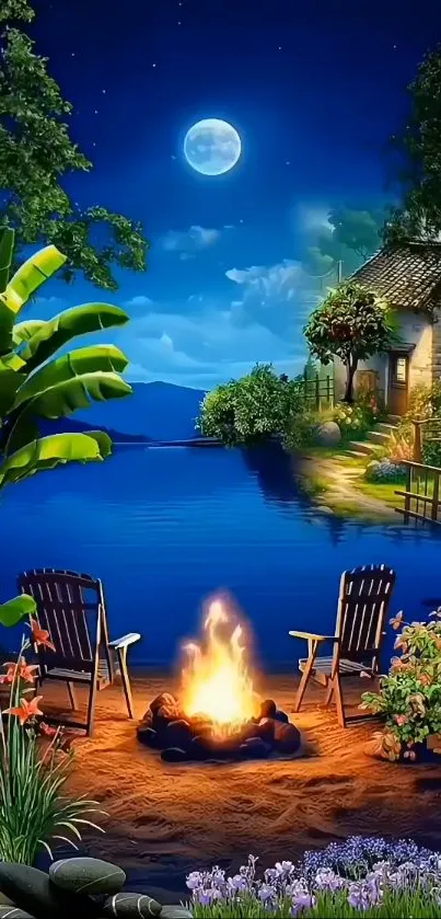 Serene lakeside night view with campfire and moonlit sky.