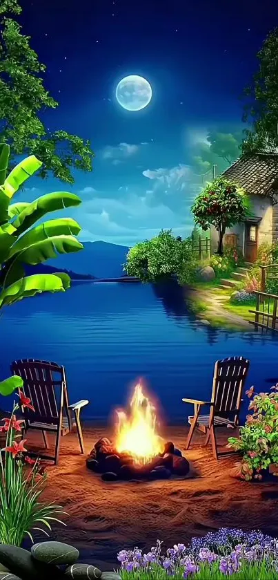 Lakeside fire under a starry night sky with trees and a cozy cabin.