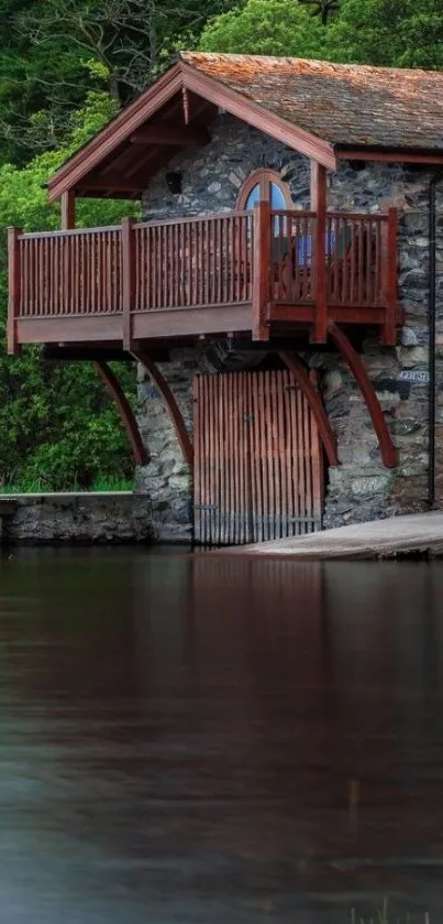 Charming lakeside cabin with lush greenery and serene water.