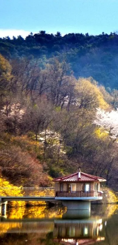 Lakeside hut surrounded by autumn forest, reflecting in tranquil water.