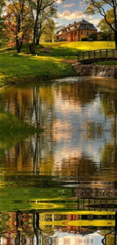 Tranquil lakeside scene with autumn colors and reflection.