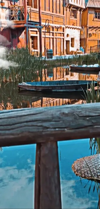 Rustic wooden lakeside architecture with reflection in calm water.