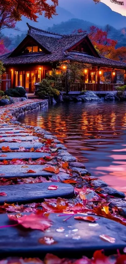 Autumn lakeside cabin with vibrant leaves and stone path.