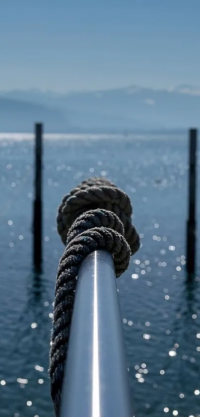 Tranquil lake view with blue sky and calm water, featuring a focused rope detail.