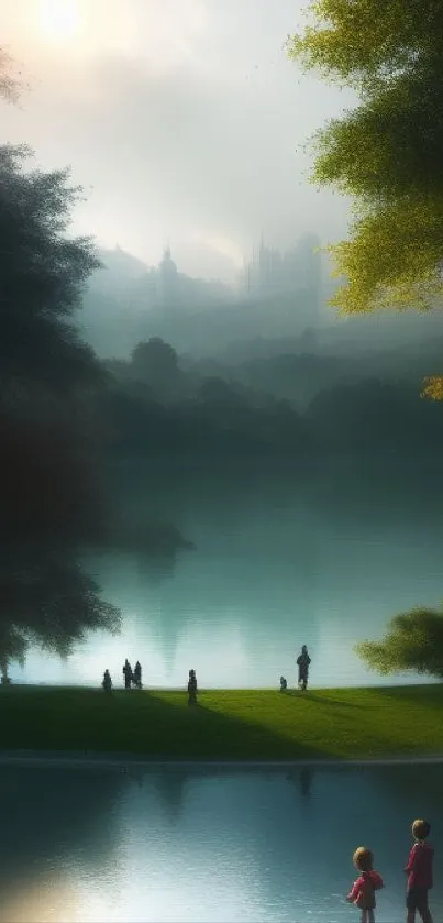 Tranquil scene of a foggy lakeside with lush trees and evening light.