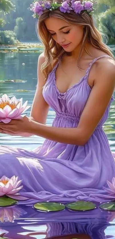 Woman in purple dress sitting by the lake with flowers.