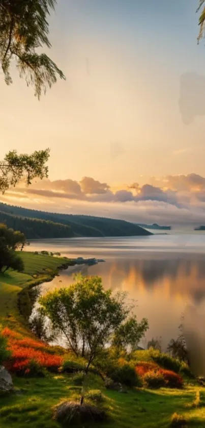 Serene sunset over a lakeside with lush greenery.