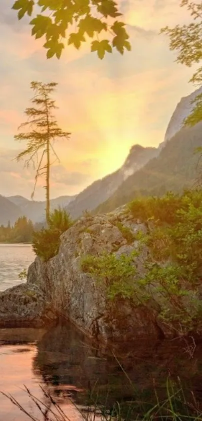 Serene mountain sunset view with colorful sky.