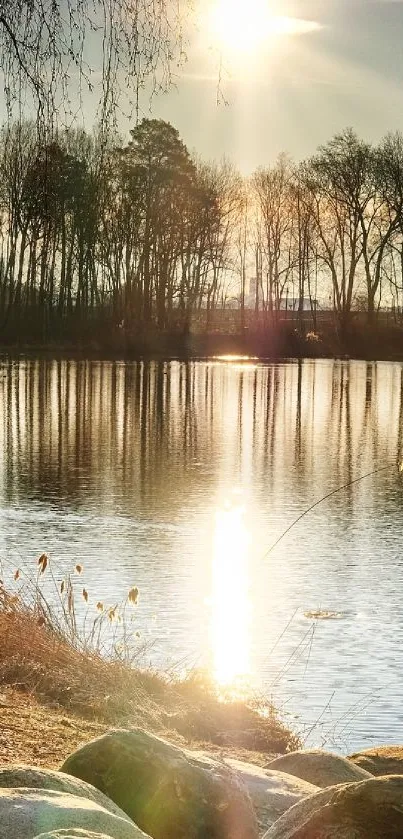 Serene lakeside at sunset with bench and shimmering water reflections.