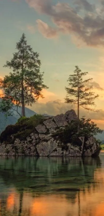 Peaceful lakeside scene at sunset with trees and reflections.