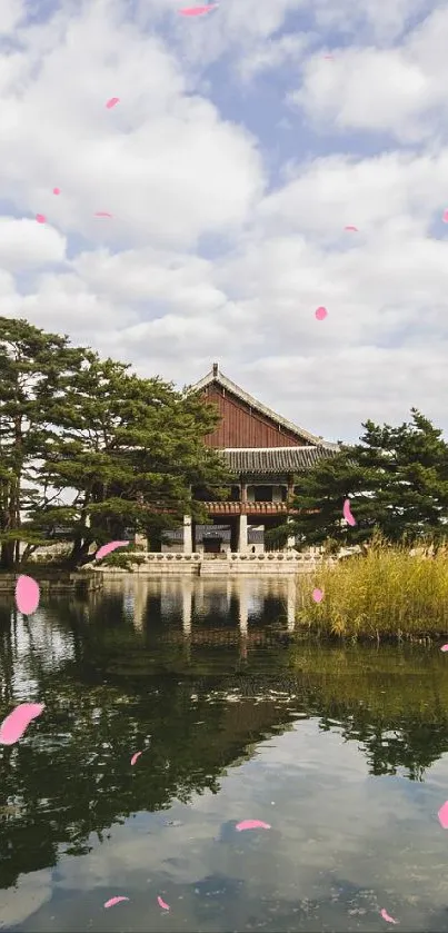 Serene lake with temple and trees under a cloudy sky.