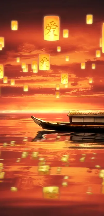 Serene boat on calm water with glowing lanterns in a sunset sky.