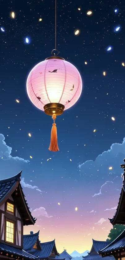 Glowing lantern in a starry night sky over traditional rooftops.