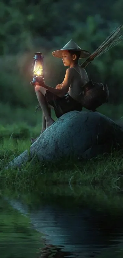 Child holding lantern by waters in lush green field wallpaper.