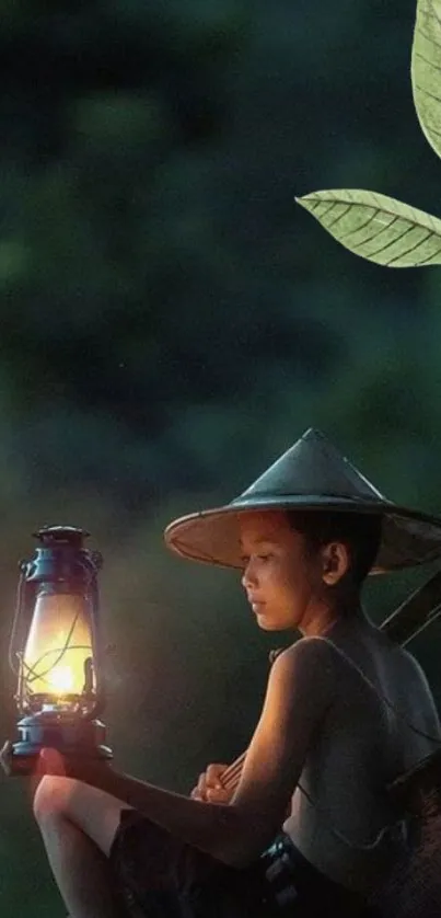 Boy in forest holding a glowing lantern, surrounded by greenery.