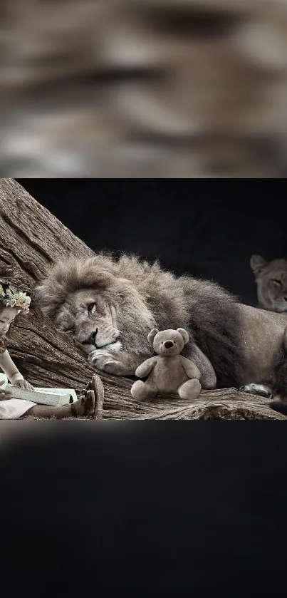 Girl with lion and teddy in tranquil setting.