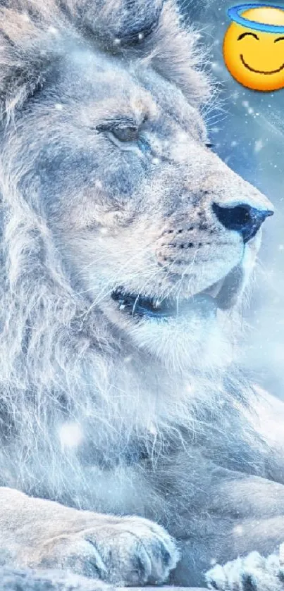 Peaceful lion in snowy landscape with halo emoji.