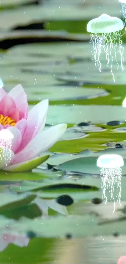 Mobile wallpaper featuring a pink lotus and glowing jellyfish on a serene water surface.