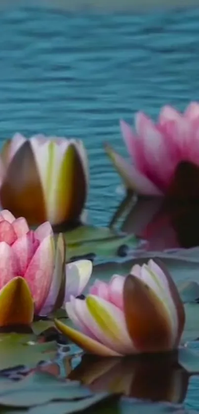 Mobile wallpaper with pink water lilies on a blue pond.