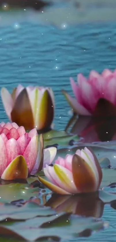 Peaceful lotus flowers floating on teal water with starry reflections.