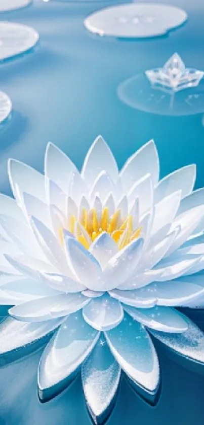 Serene blue wallpaper with white lotus blossom and calm water.