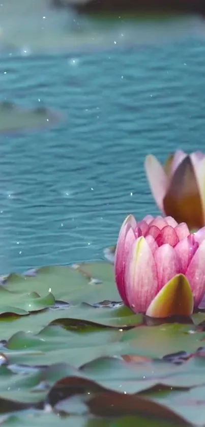 Serene wallpaper of pink lotus flowers on a tranquil blue pond.