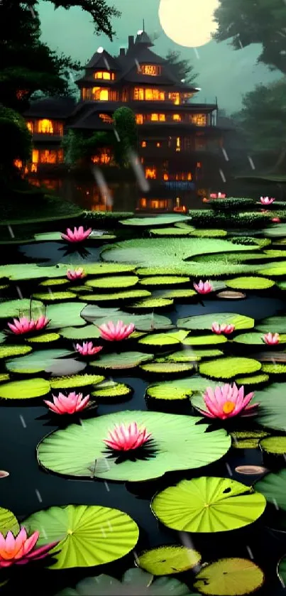 Moonlit lotus pond with Japanese pagoda at dusk mobile wallpaper.