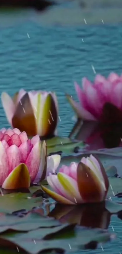 Lotus flowers on a tranquil pond under gentle rain.