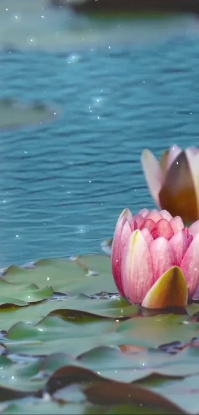 Lotus flowers floating on a tranquil pond in serene blue hues.