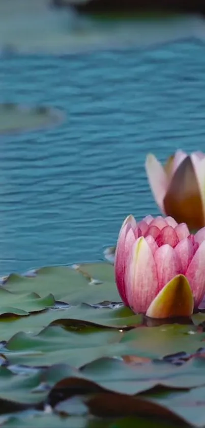 A pink lotus flower in a tranquil pond with green leaves.