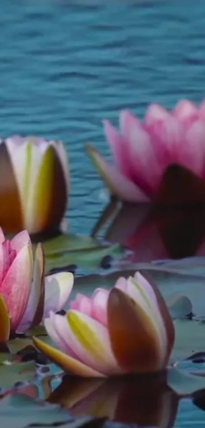 Peaceful lotus flowers float on a serene blue pond.