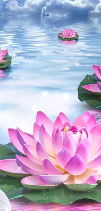 Serene blue water with pink lotus flowers floating peacefully.