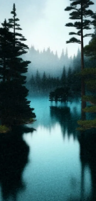 Misty forest with trees reflecting on a calm lake.