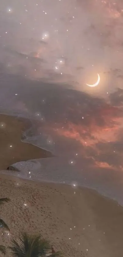 Moonlit beach with crescent moon and sunset sky on a serene evening.