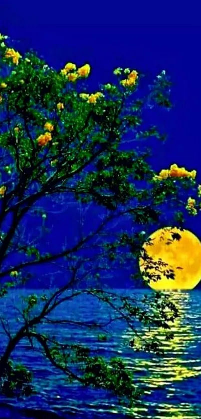 Moonlit lake with vibrant yellow moon and green trees against a deep blue sky.