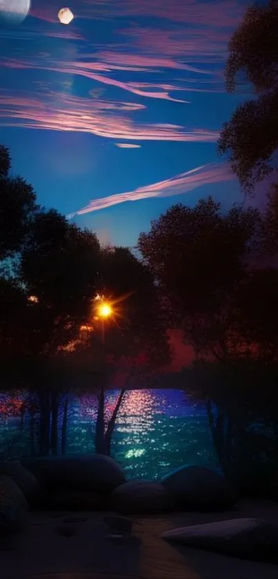 Moonlit lake with trees and starry sky at twilight.