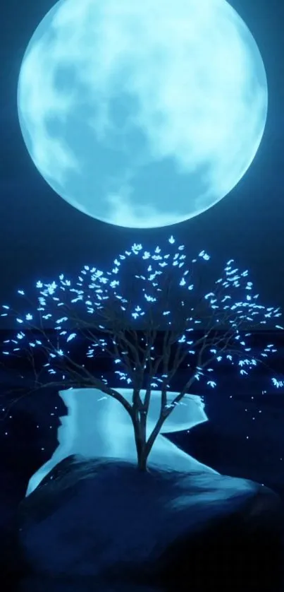 Moonlit night with glowing tree reflected on tranquil water surface.