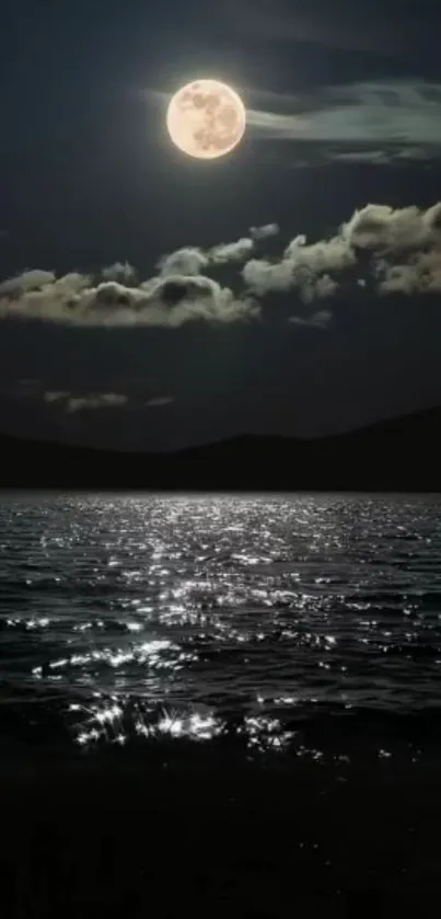 Moonlit ocean with shimmering water reflecting under the night sky.