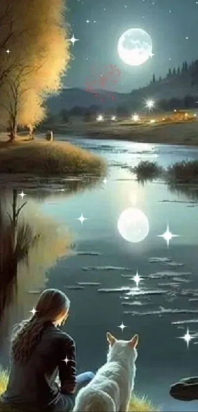 Moonlit river scene with girl and dog under a starry night sky.