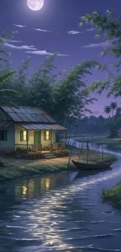 Moonlit riverside scene with a cottage and canoe.