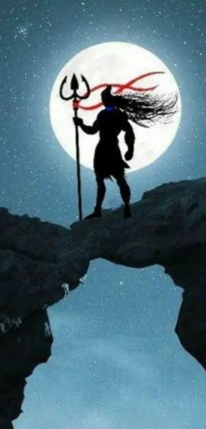 Moonlit silhouette of a warrior on a rocky bridge against a starry sky.