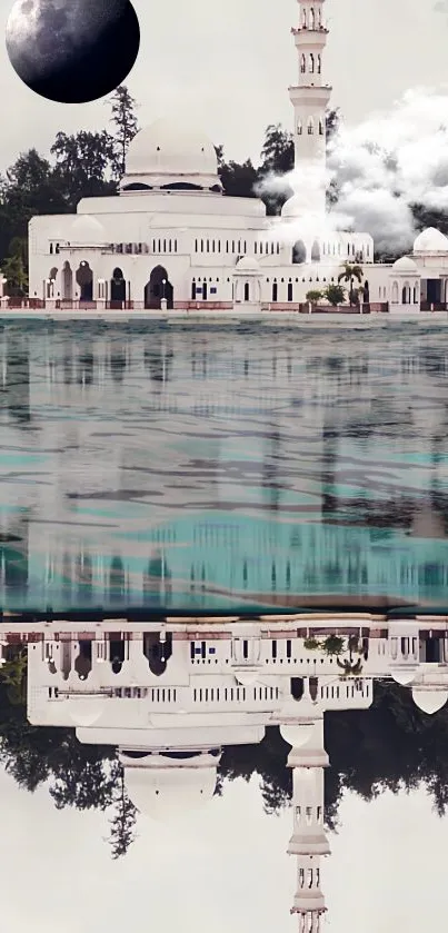 Peaceful mosque reflected in calm waters under a mystical sky with clouds.