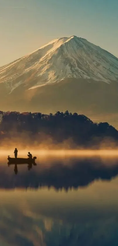 Mount Fuji with lake reflection under a golden sky.