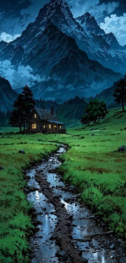 Tranquil mountain landscape with cottage under starry sky.