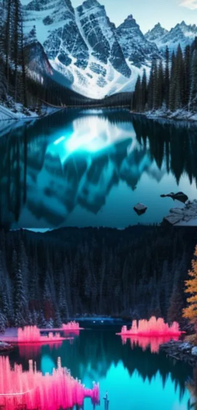 Breathtaking mountain lake with colorful reflections at twilight.