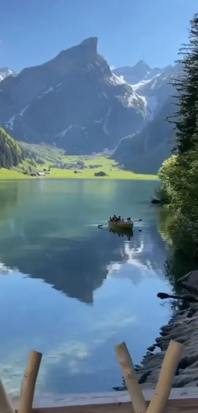 Serene mountain lake with lush greenery and towering peaks under a clear blue sky.